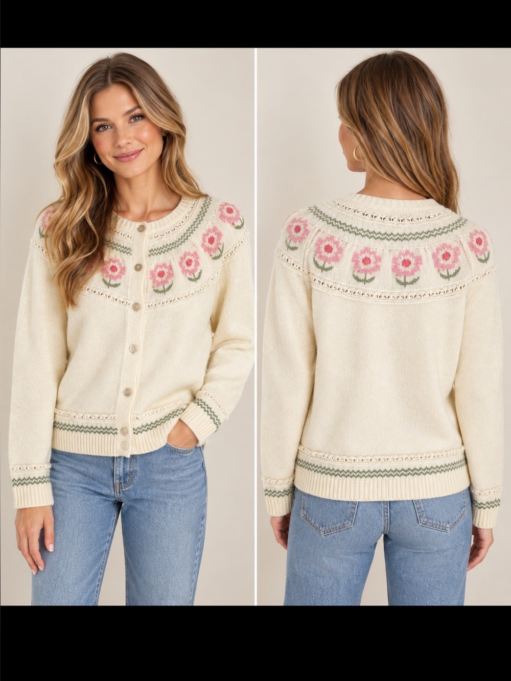 Appleseed's Cream Cardigan with Pink Floral Yoke!